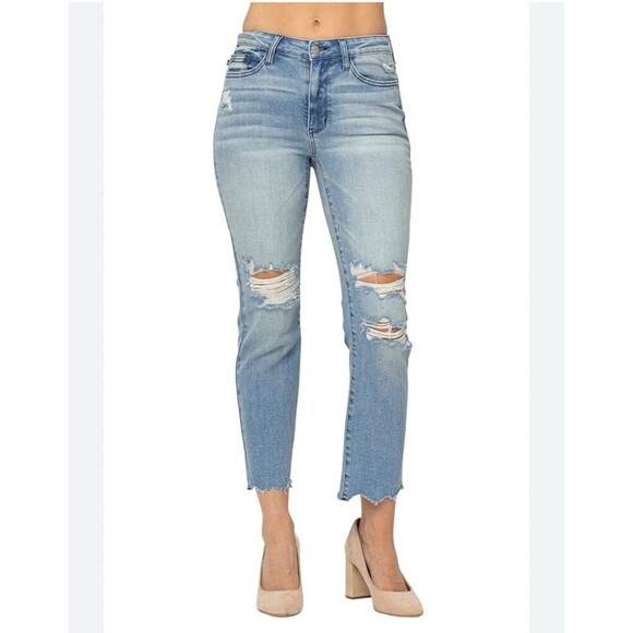 Judy Blue Mid Rise Destroyed Tinted Wash Cropped Straight Leg Jean 88512 Sz 9/29 - Picture 1 of 7